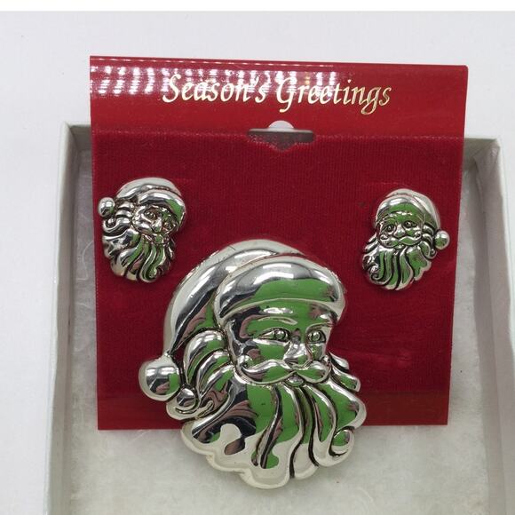 Earring and Brooch Set Silver Santa Christmas Holiday - Picture 1 of 4